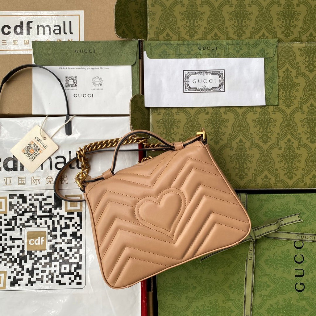 Gucci GG Marmont Mini Top Handle Bag Beige For Women, Women’s Bags 8.3in/21cm
