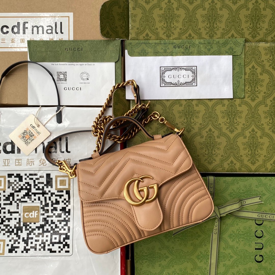 Gucci GG Marmont Mini Top Handle Bag Beige For Women, Women’s Bags 8.3in/21cm