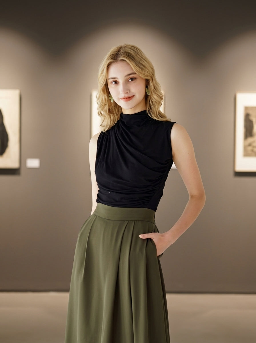Women's black ruched sleeveless fitted blouse