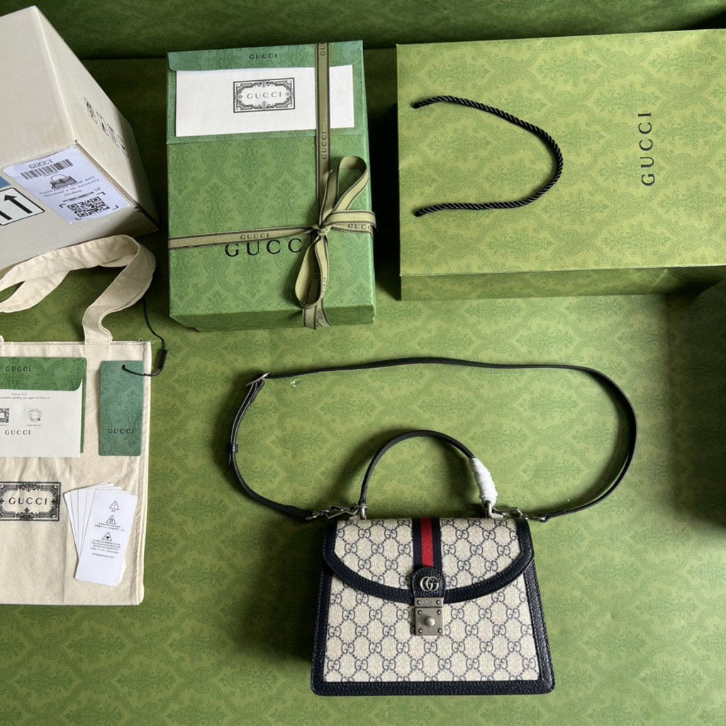 Gucci Ophidia Small Top Handle Bag Beige And Blue GG Supreme Canvas For Women 10in/25cm