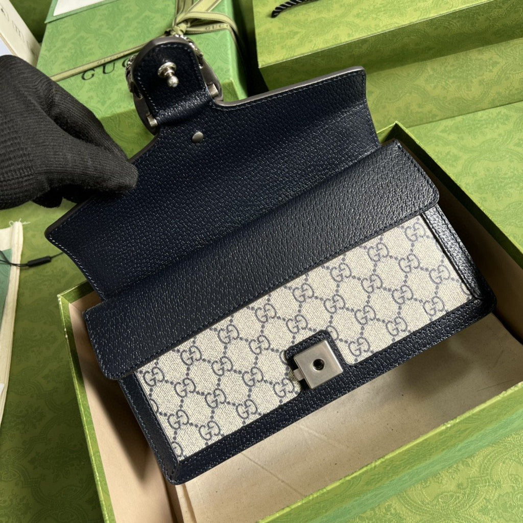 Gucci Dionysus Small GG Shoulder Bag Beige And Blue GG Supreme Canvas For Women 10in/25cm