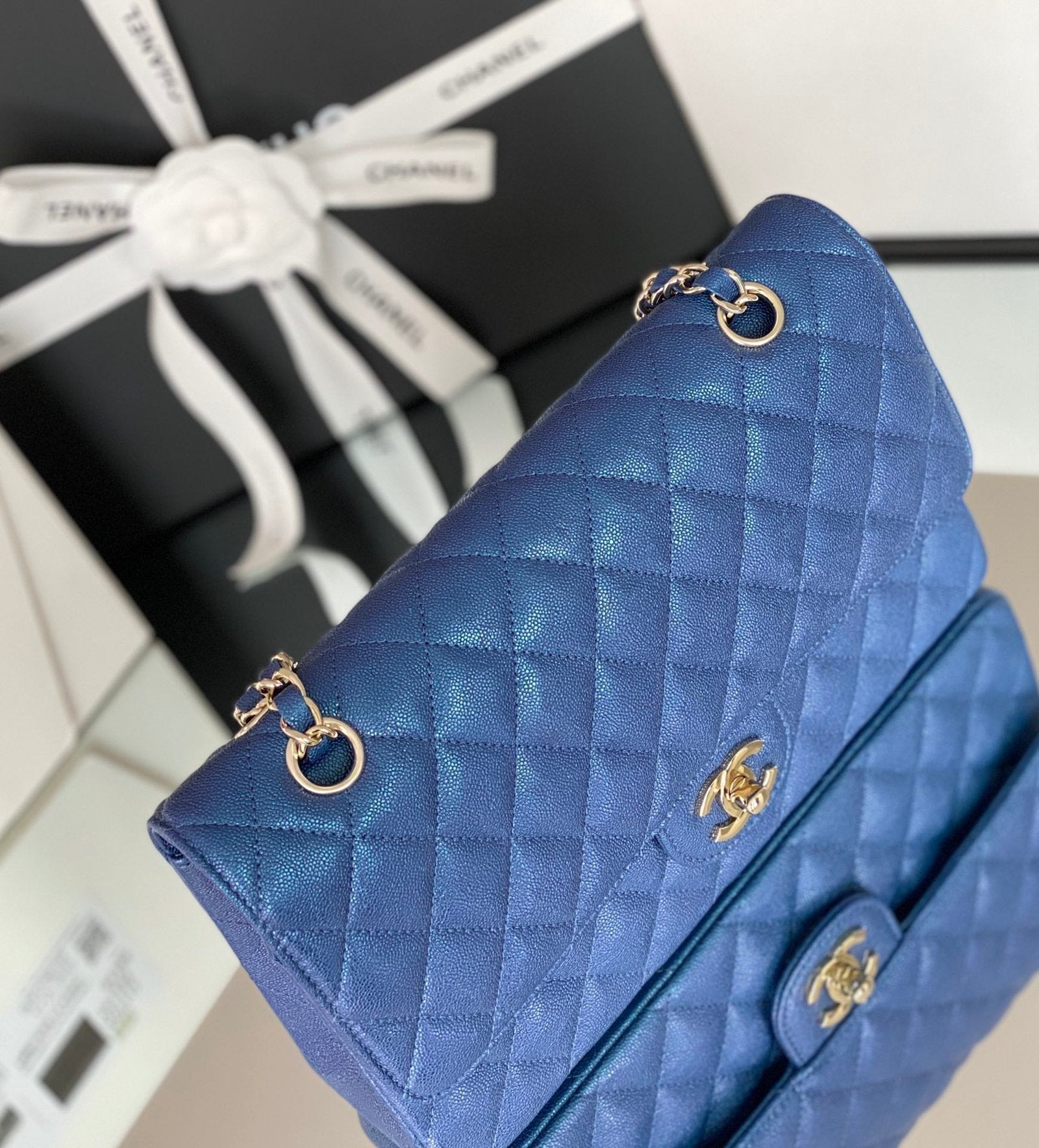 Chanel Classic Flapbag Silver Hardware 26cm Blue