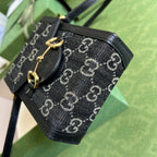 Gucci Horsebit 1955 Mini Bag Black And Ivory GG Denim Jacquard For Women 6.7in/17cm