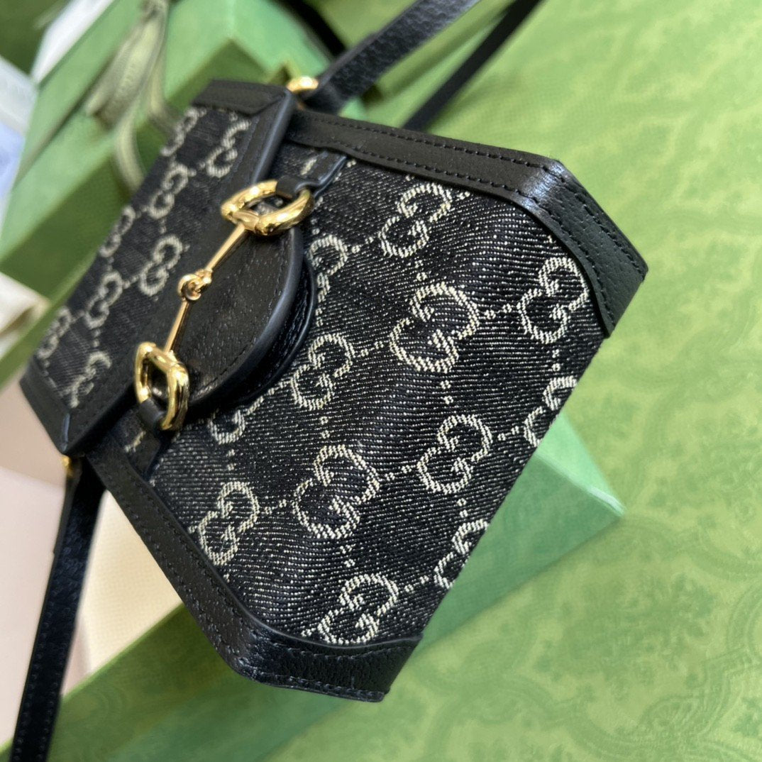Gucci Horsebit 1955 Mini Bag Black And Ivory GG Denim Jacquard For Women 6.7in/17cm