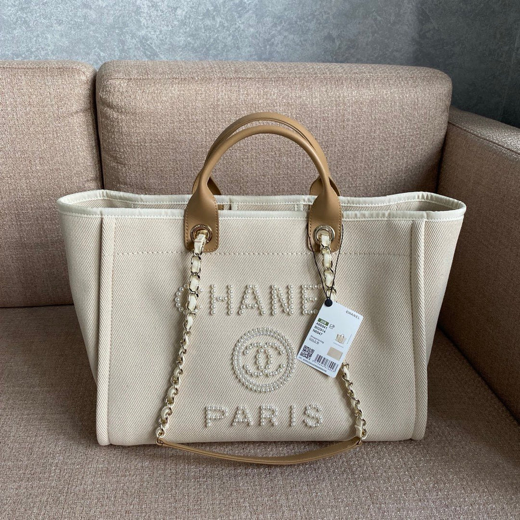 Chanel Deauville Tote 40cm Tweed Bag with Pearl Embroidery Spring/Summer Collection White