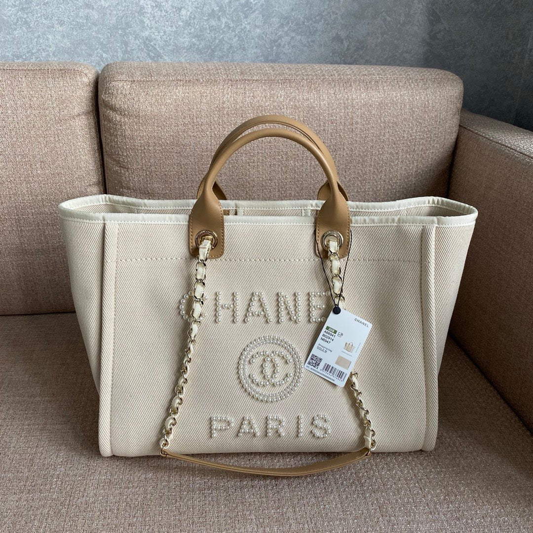 Chanel Deauville Tote 40cm Tweed Bag with Pearl Embroidery Spring/Summer Collection White