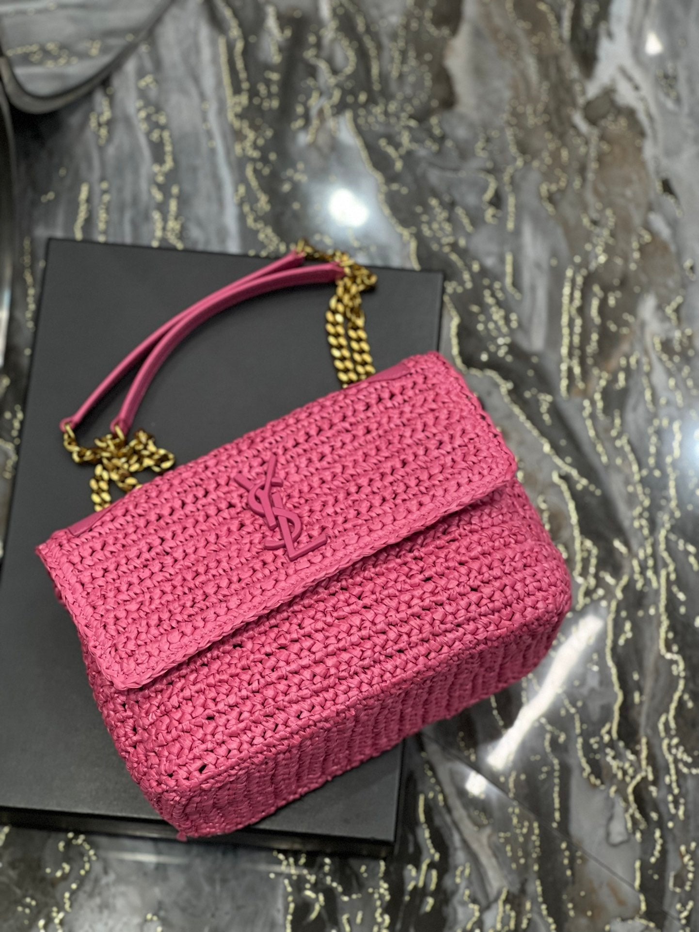Saint Laurent Niki Medium Chain Bag In Rafia For Women 28cm Pink YSL 632539FAABR9083