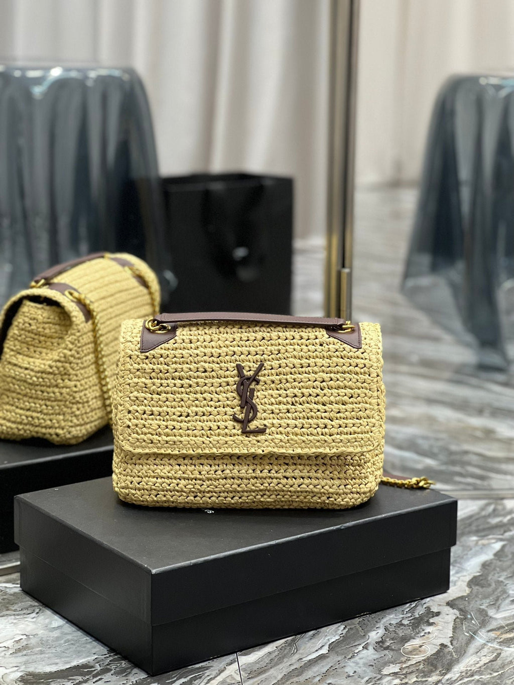 Saint Laurent Niki Medium Chain Bag In Rafia For Women 28cm Brown YSL 633187GG66W7069