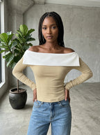 Soft knit khaki top for coffee meetups and weekend outings