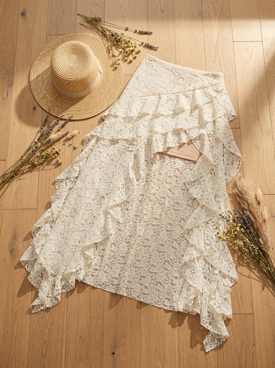 Cream maxi skirt featuring cascading ruffles and lace trim