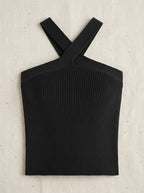 Modern black knit crop top with flattering halter design