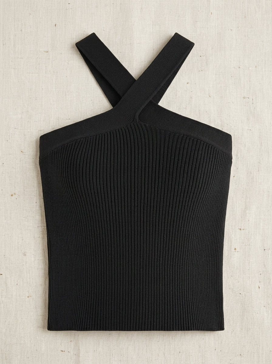 Modern black knit crop top with flattering halter design