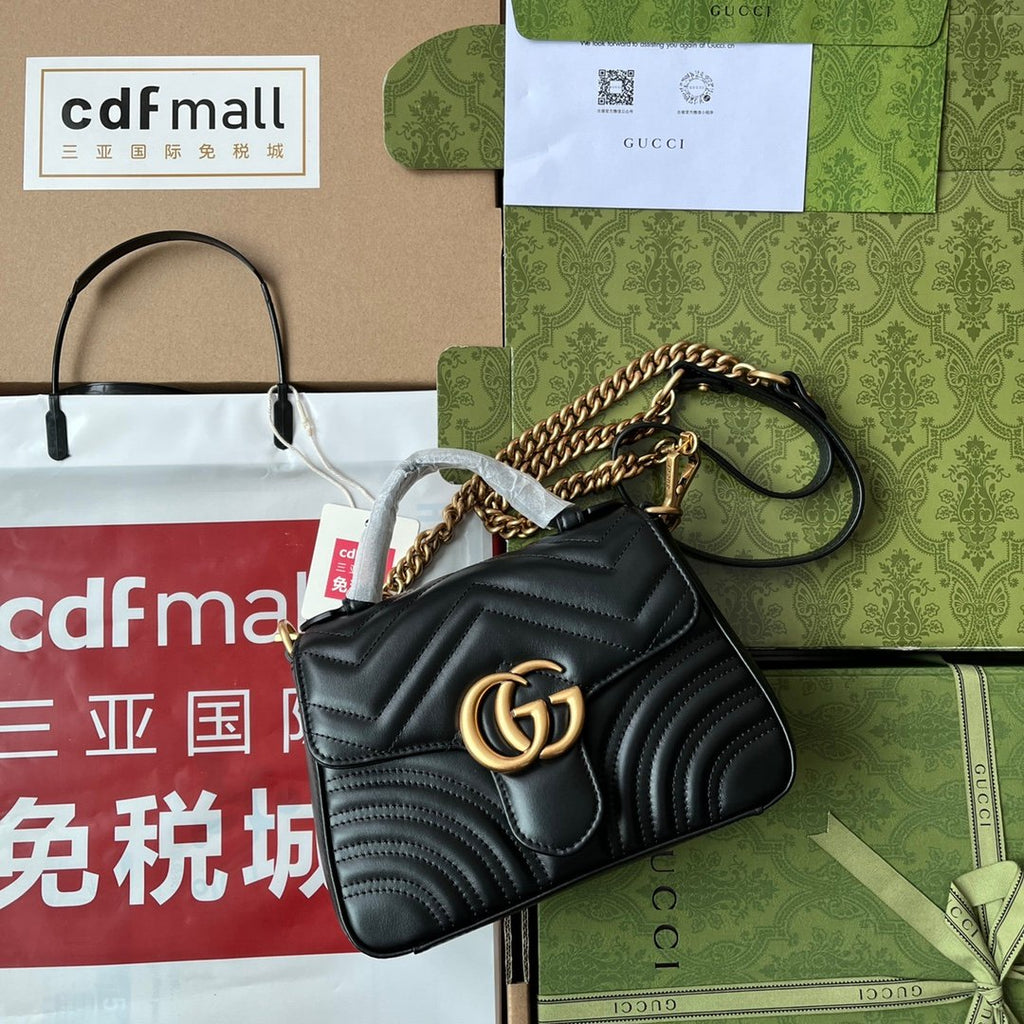 Gucci GG Marmont Mini Top Handle Bag Black For Women, Women’s Bags 8.3in/21cm