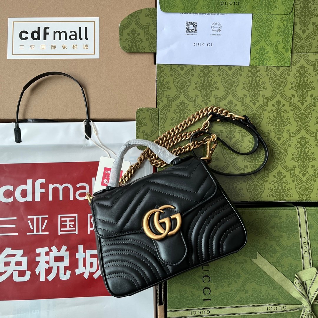 Gucci GG Marmont Mini Top Handle Bag Black For Women, Women’s Bags 8.3in/21cm