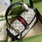 Gucci Ophidia Small Top Handle Bag Beige And Blue GG Supreme Canvas For Women 10in/25cm