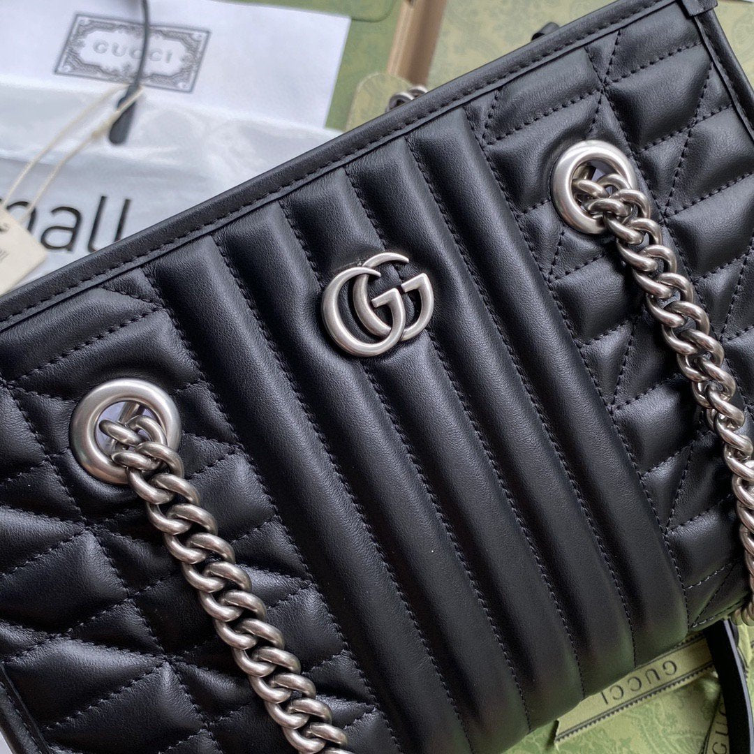 Gucci GG Marmont Small Tote Bag Black Matelasses For Women 10.4in/26.5cm