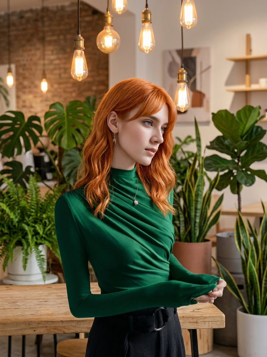 Women's dark green ruched cotton long sleeve top