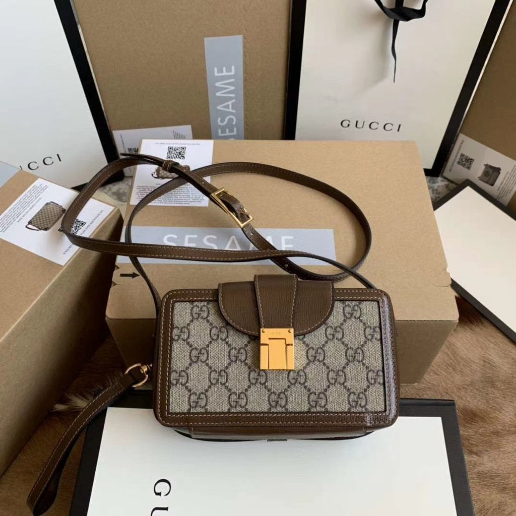 GG Mini Bag With Clasp Closure Beige/Ebony GG Supreme Canvas For Women 7.1in/18cm