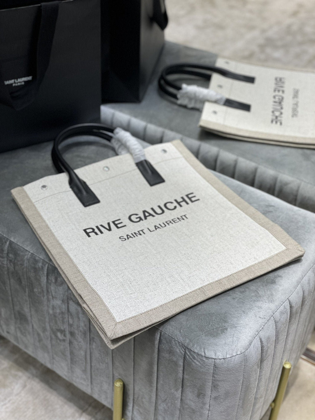 Saint Laurent Rive Gauche North/South Tote Bag In Printed Linen For Women 39cm YSL 632539FAABR9083