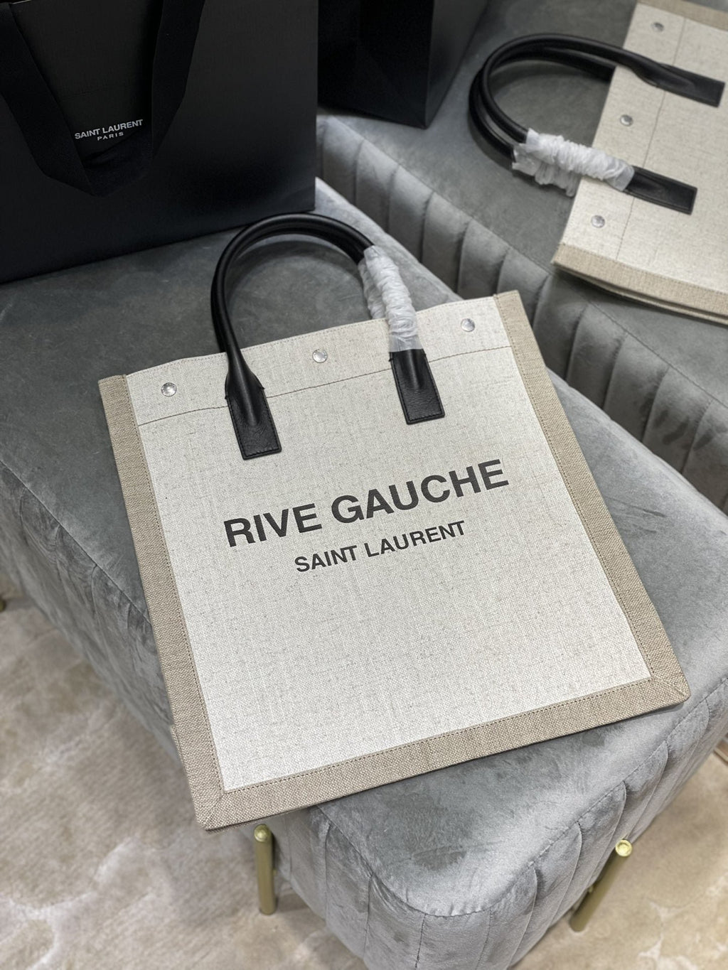 Saint Laurent Rive Gauche North/South Tote Bag In Printed Linen For Women 39cm YSL 632539FAABR9083