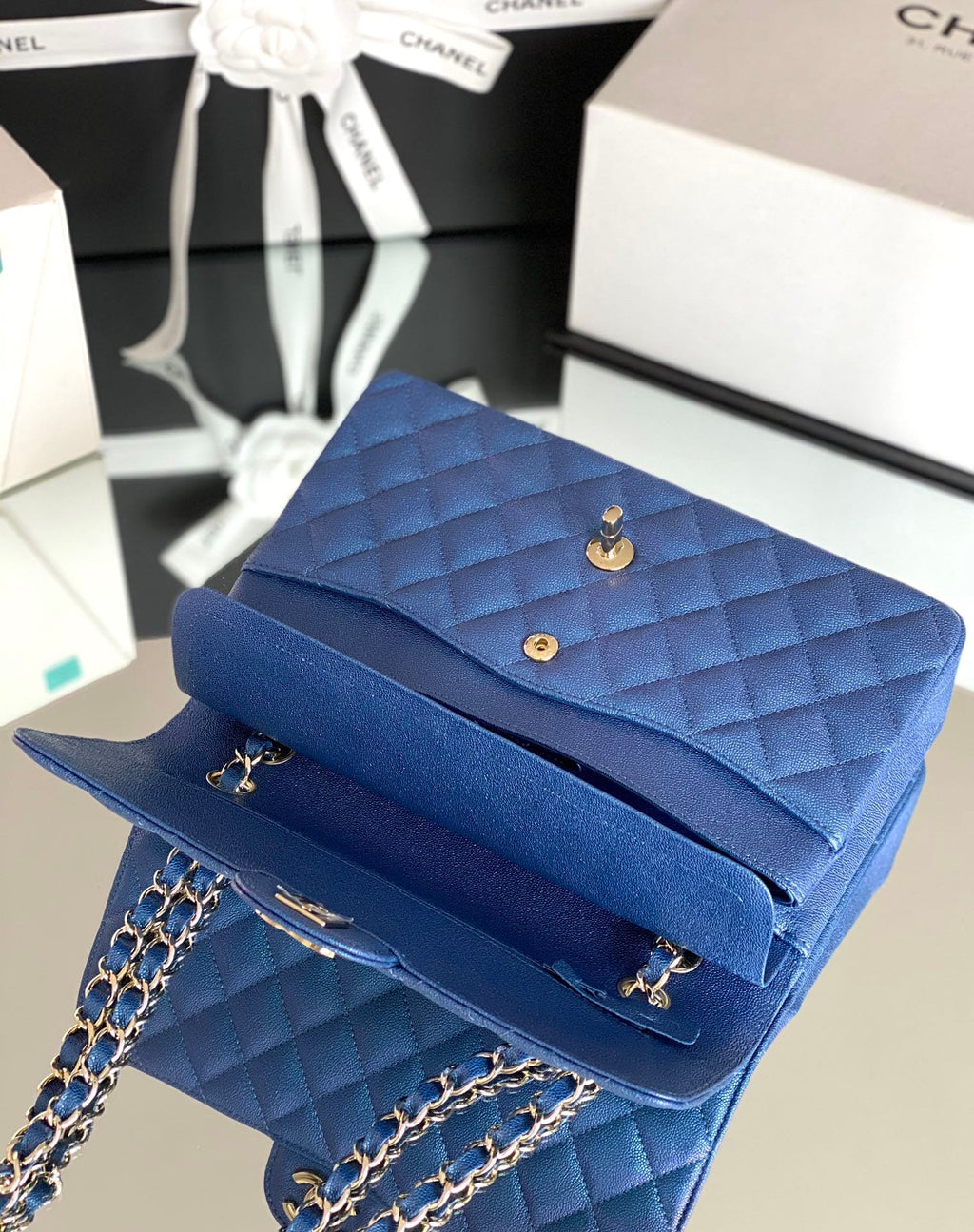 Chanel Classic Flapbag Silver Hardware 26cm Blue