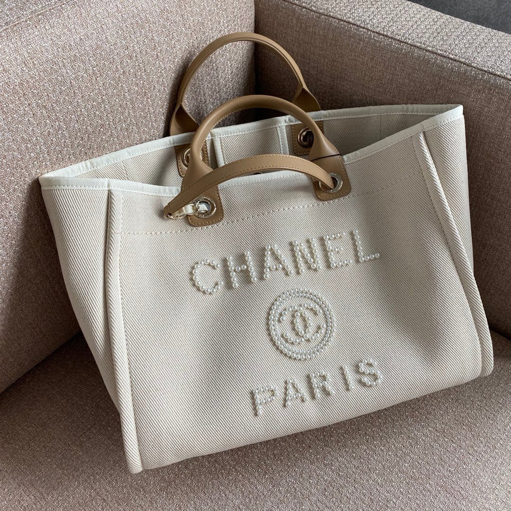 Chanel Deauville Tote 40cm Tweed Bag with Pearl Embroidery Spring/Summer Collection White