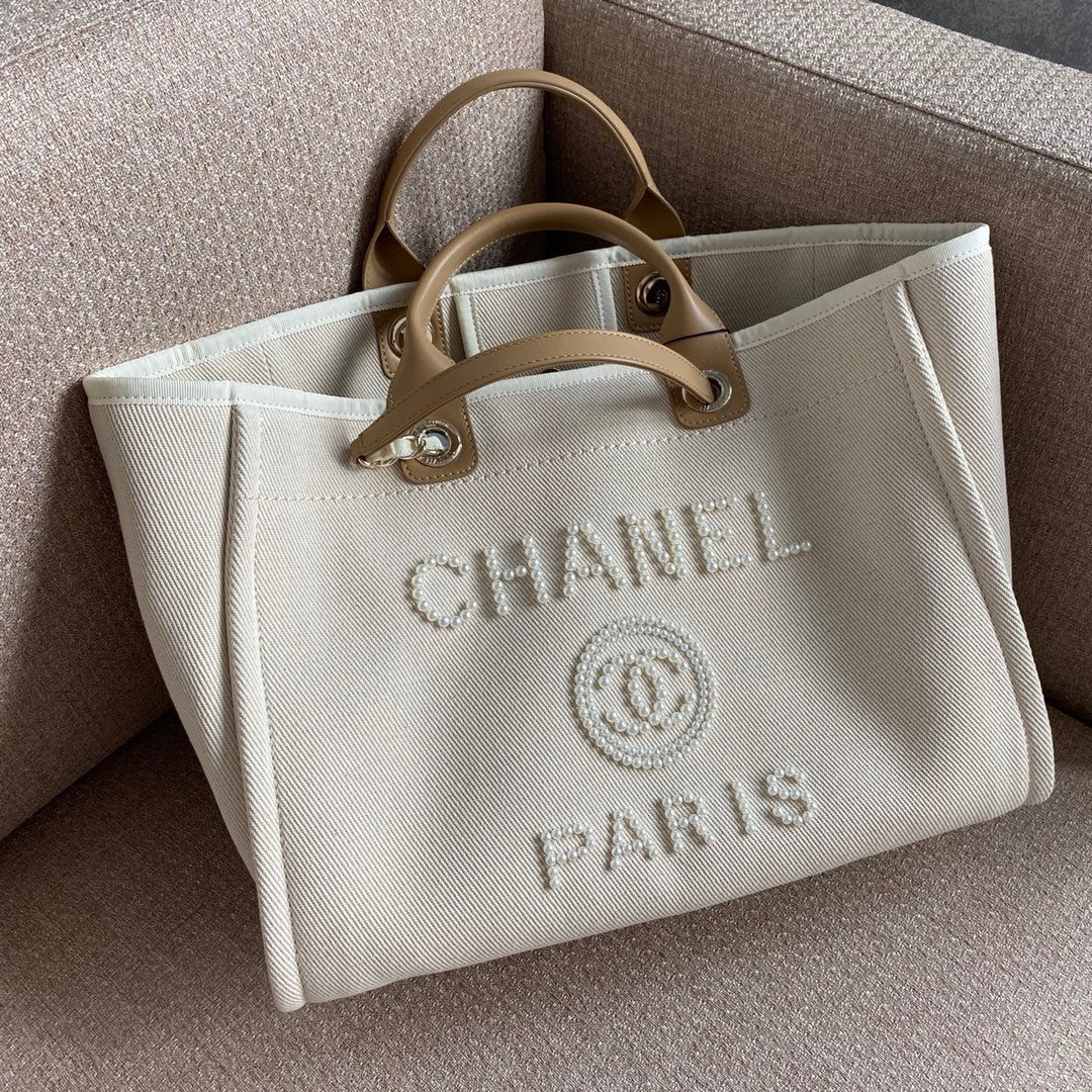 Chanel Deauville Tote 40cm Tweed Bag with Pearl Embroidery Spring/Summer Collection White