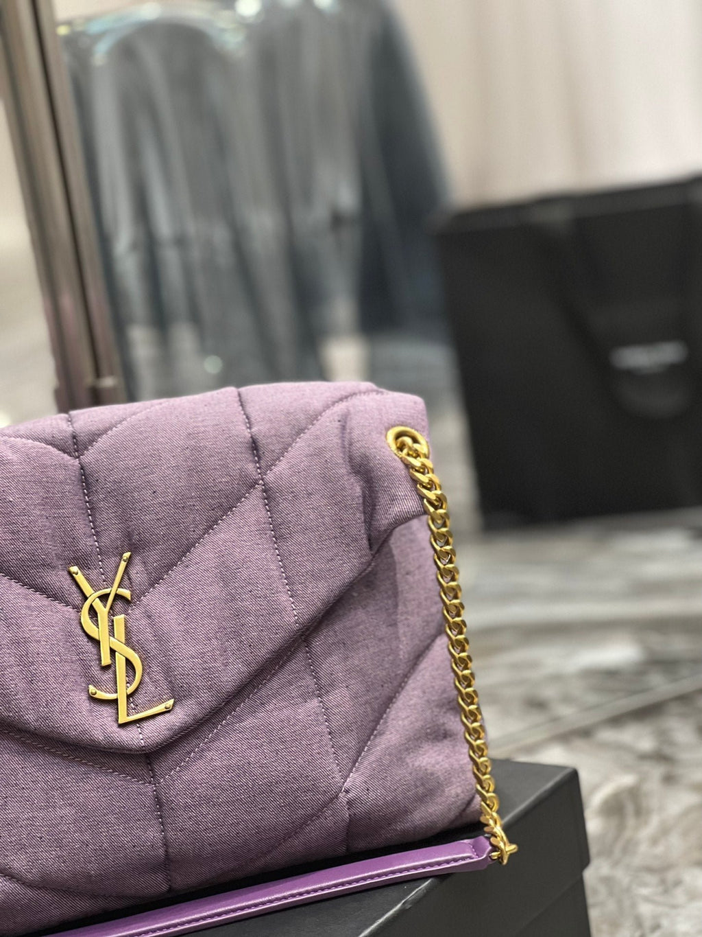 Saint Laurent Puffer Small Chain Bag In Denim 35cm