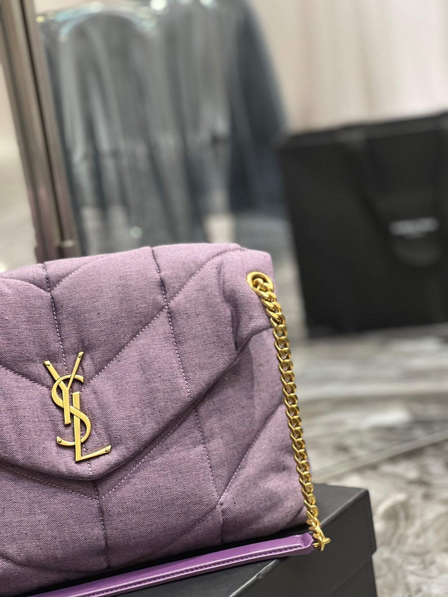 Saint Laurent Puffer Small Chain Bag In Denim 35cm