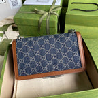 Gucci Dionysus Small Shoulder Bag Dark Blue And Ivory Eco Washed Organic GG Jacquard Deni For Women 11in/28cm