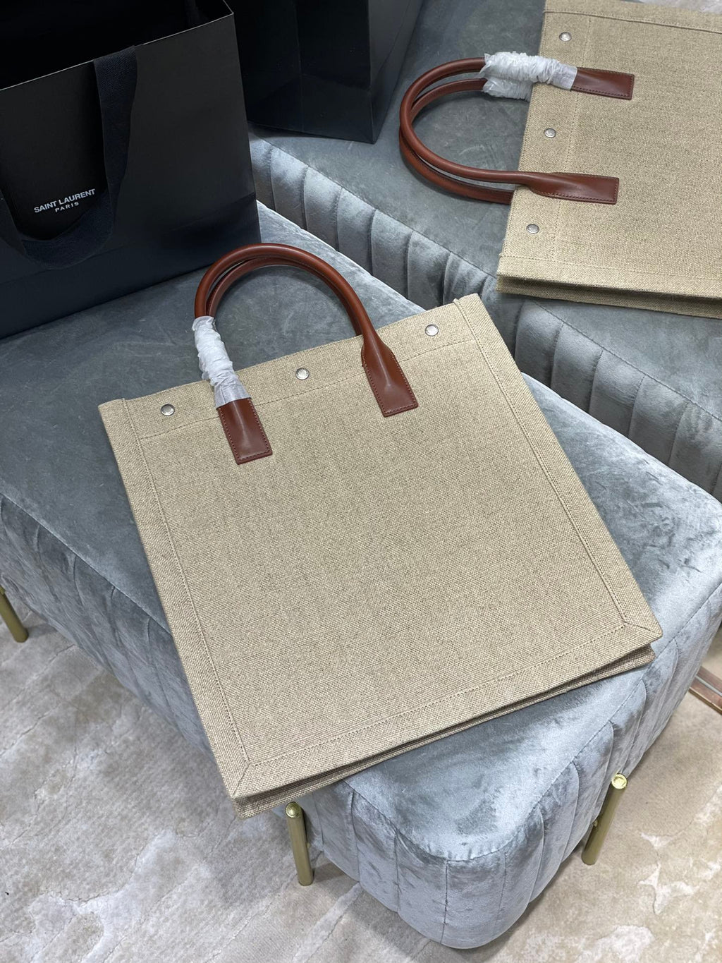 Saint Laurent Rive Gauche North/South Tote Bag In Printed Linen For Women 39cm YSL 632539FAABR9083
