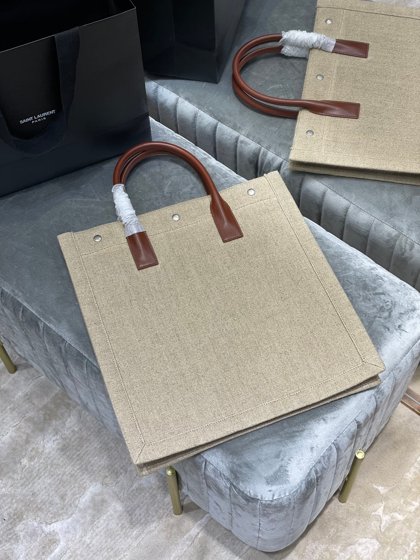Saint Laurent Rive Gauche North/South Tote Bag In Printed Linen For Women 39cm YSL 632539FAABR9083