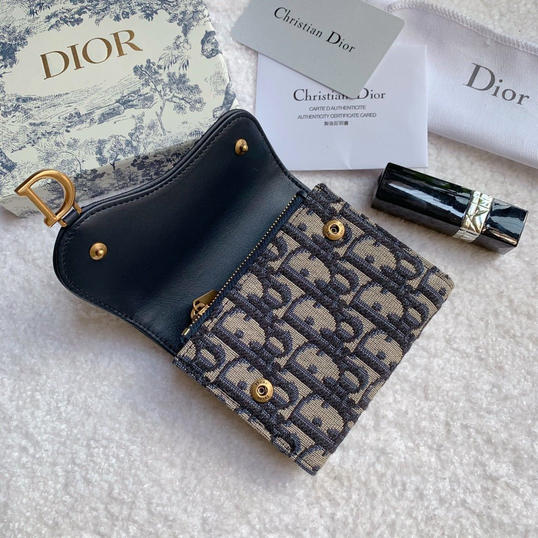 Christian Dior Saddle Flap Card Holder Black Wallet 11cm