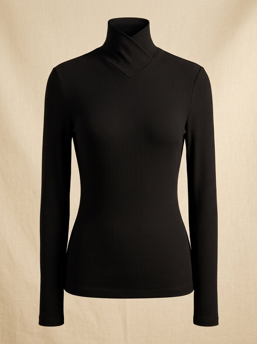 Elegant Noir Faux Wrap Mock Neck Top in classic black