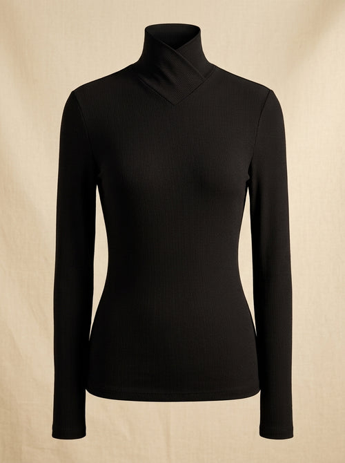 Elegant Noir Faux Wrap Mock Neck Top in classic black