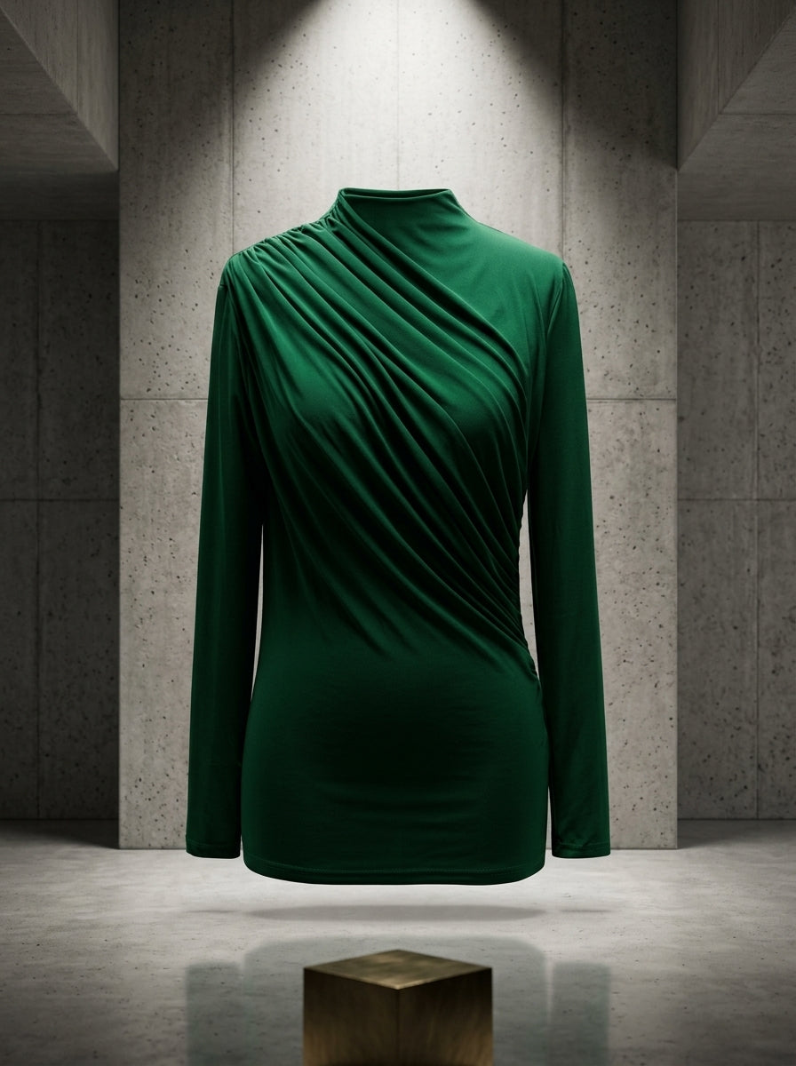 Emerald Charm Ruched Long Sleeve Top in elegant dark green