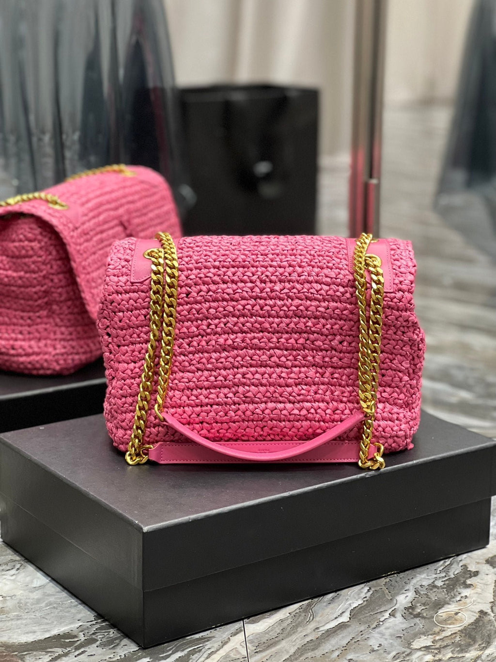 Saint Laurent Niki Medium Chain Bag In Rafia For Women 28cm Pink YSL 632539FAABR9083