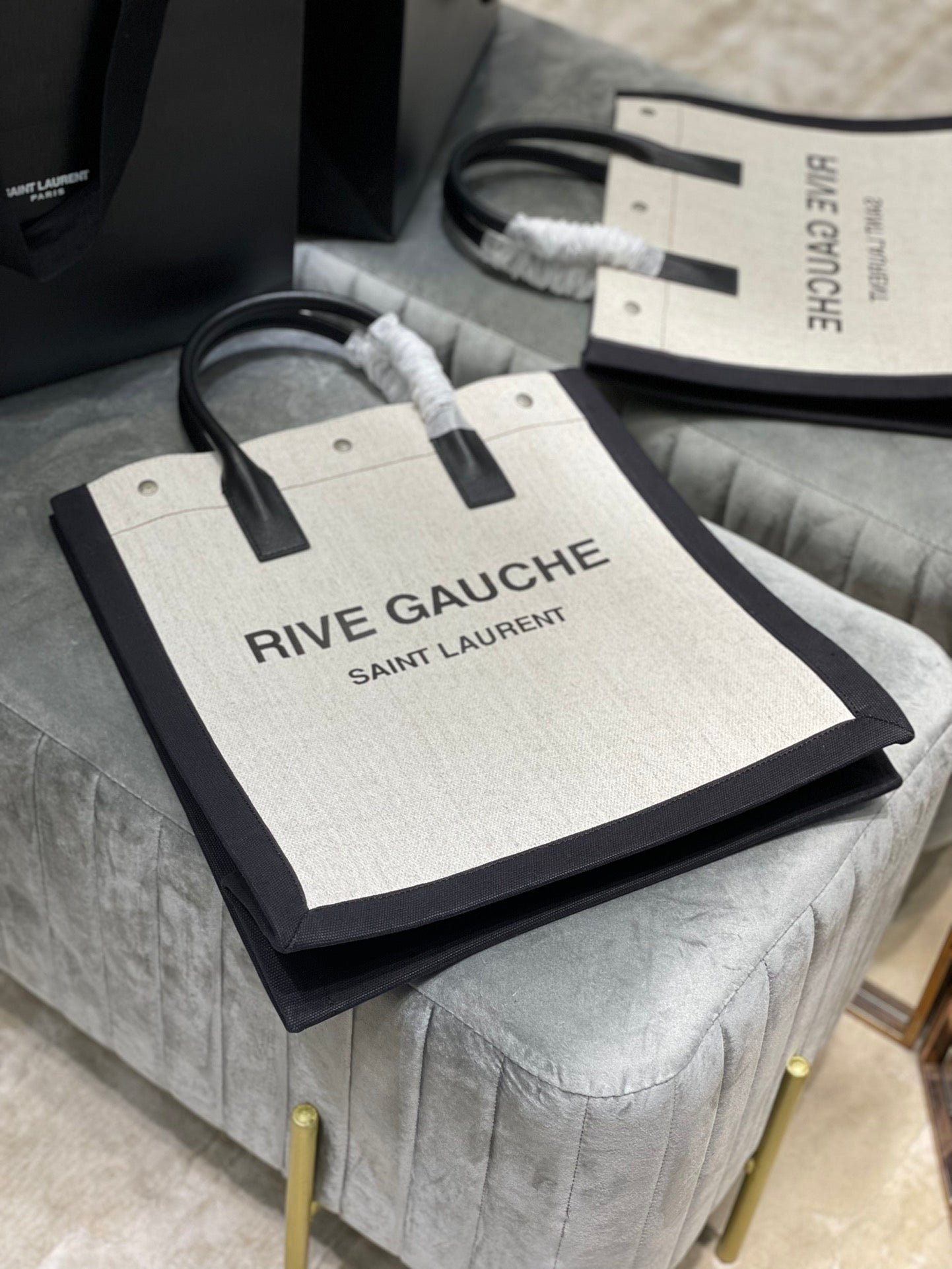 Saint Laurent Rive Gauche North/South Tote Bag In Printed Linen For Women 39cm YSL 632539FAABR9083