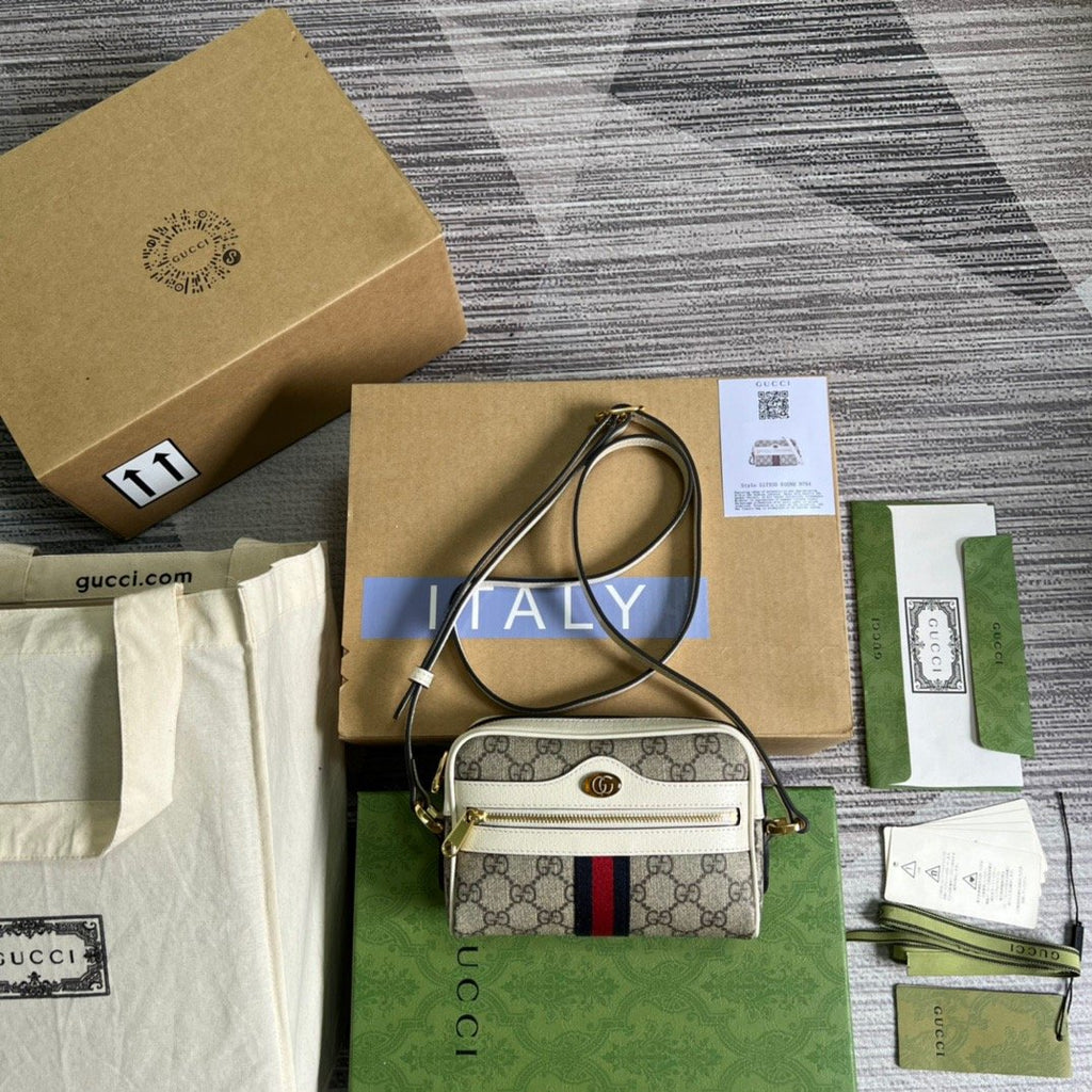 Gucci Ophidia Mini GG Bag Beige And Ebony GG Supreme Canvas, With White For Women 7in/17.5cm