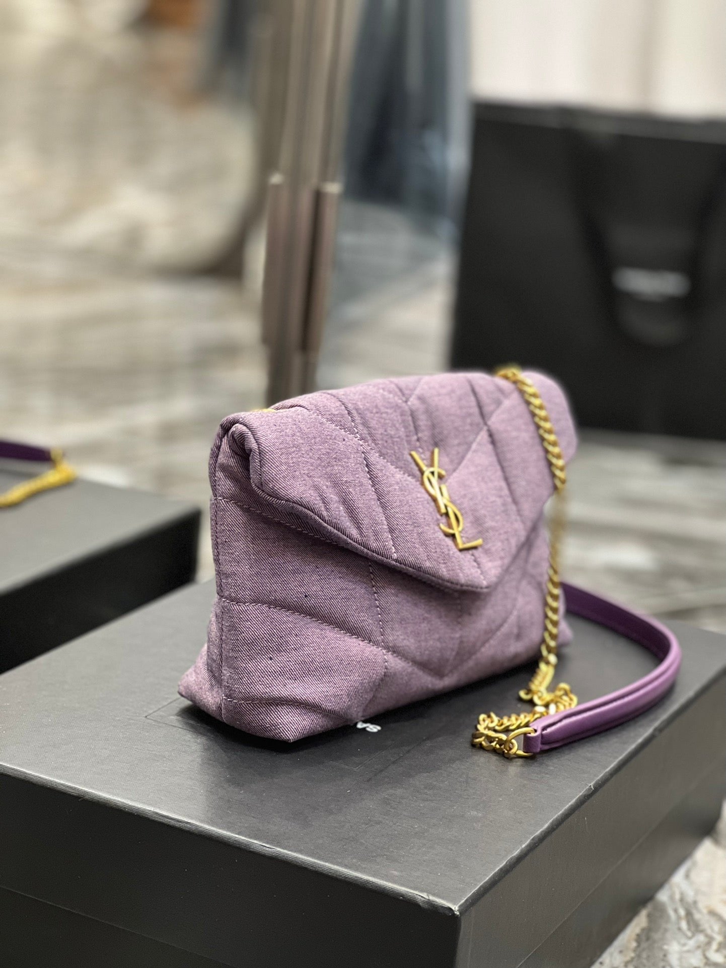 Saint Laurent Puffer Small Chain Bag In Denim 23cm