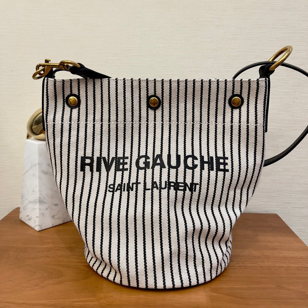 Saint Laurent Rive Gauche Bucket Bag In Striped Canvas For Women 30cm Black And White YSL 669299FAAE59583