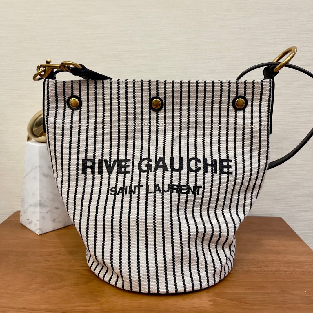 Saint Laurent Rive Gauche Bucket Bag In Striped Canvas For Women 30cm Black And White YSL 669299FAAE59583