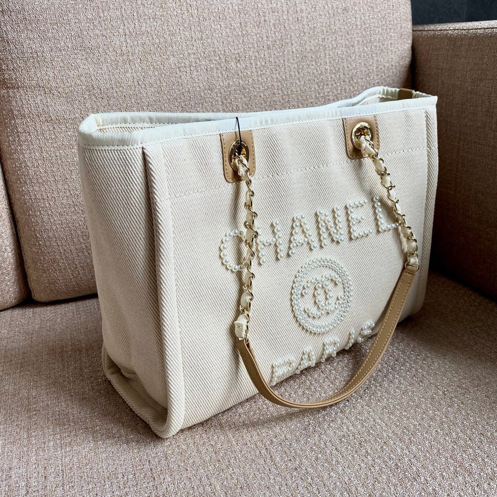 Chanel Deauville Tote 40cm Tweed Bag with Pearl Embroidery Spring/Summer Collection White