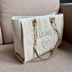 Chanel Deauville Tote 40cm Tweed Bag with Pearl Embroidery Spring/Summer Collection White