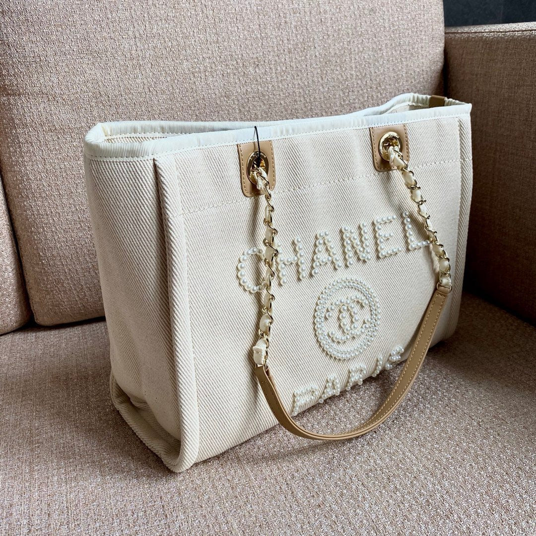 Chanel Deauville Tote 40cm Tweed Bag with Pearl Embroidery Spring/Summer Collection White