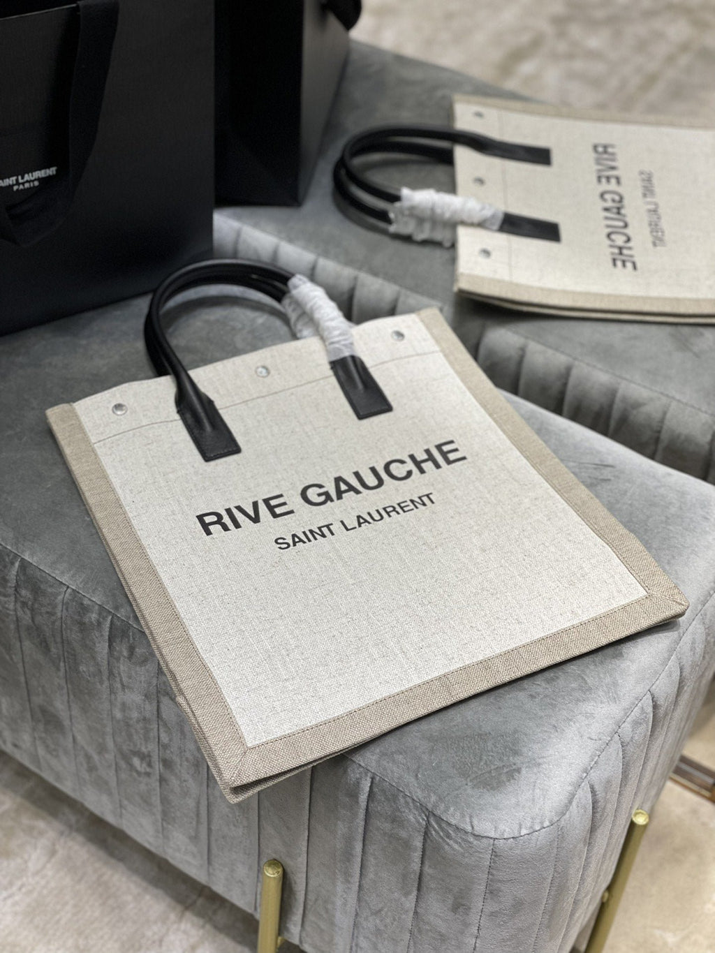 Saint Laurent Rive Gauche North/South Tote Bag In Printed Linen For Women 39cm YSL 632539FAABR9083