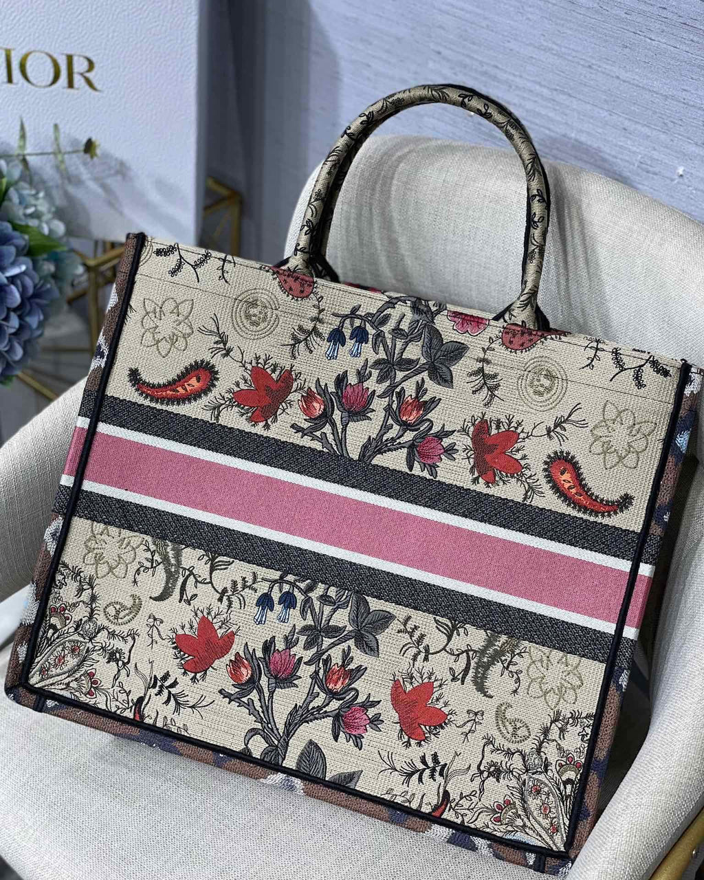 Christian Dior Multicolor Book Tote Flowers Embroidery 42cm