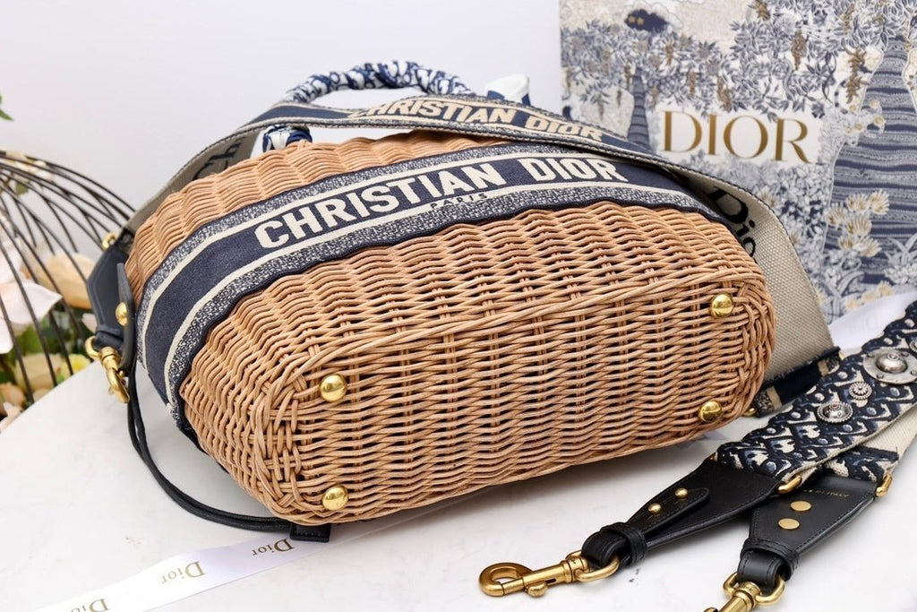 Christian Dior Blue Wicker Bucket Bag 28cm