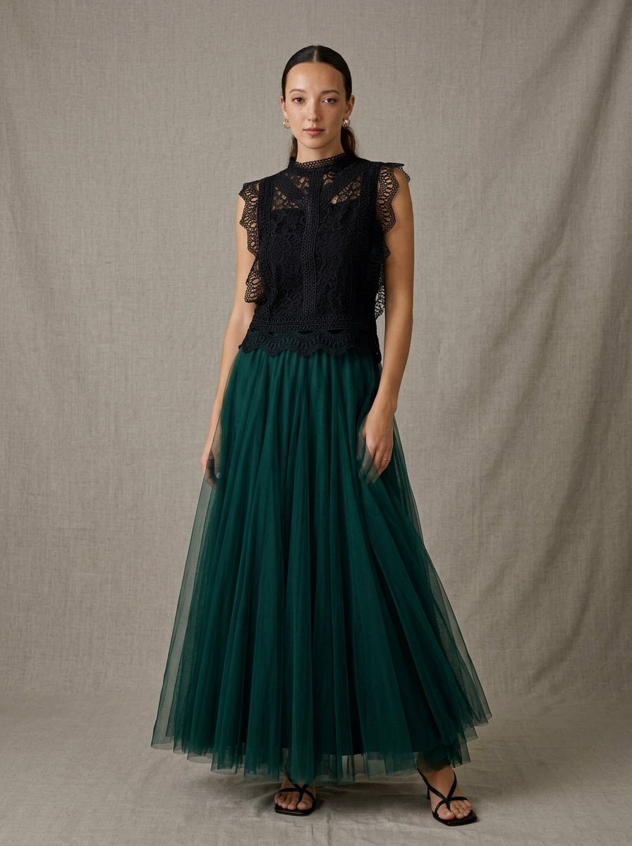 Elegant black lace top with intricate crochet detailing