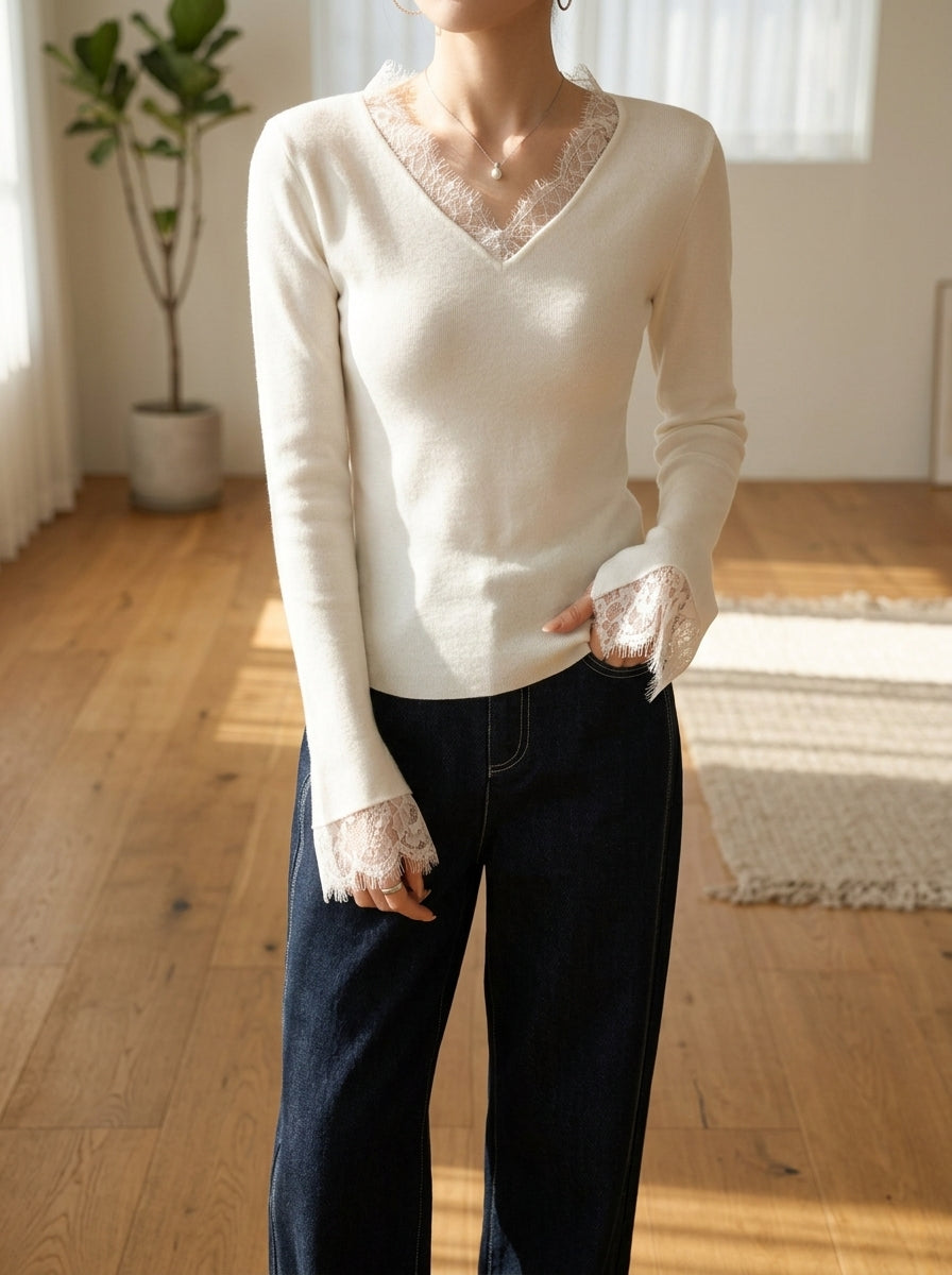 Graceful Lace Bell Sleeve Knit Top in elegant white